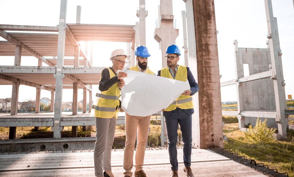 construction workers with blueprint